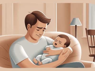 Illustration of a parent sitting in a cozy room, gently holding a fussy baby. The parent looks calm and attentive while comforting the baby, who appears uncomfortable. The background features soft beige tones, a lamp, a window, and a wooden rocking chair—conveying a warm, quiet, and supportive environment.
