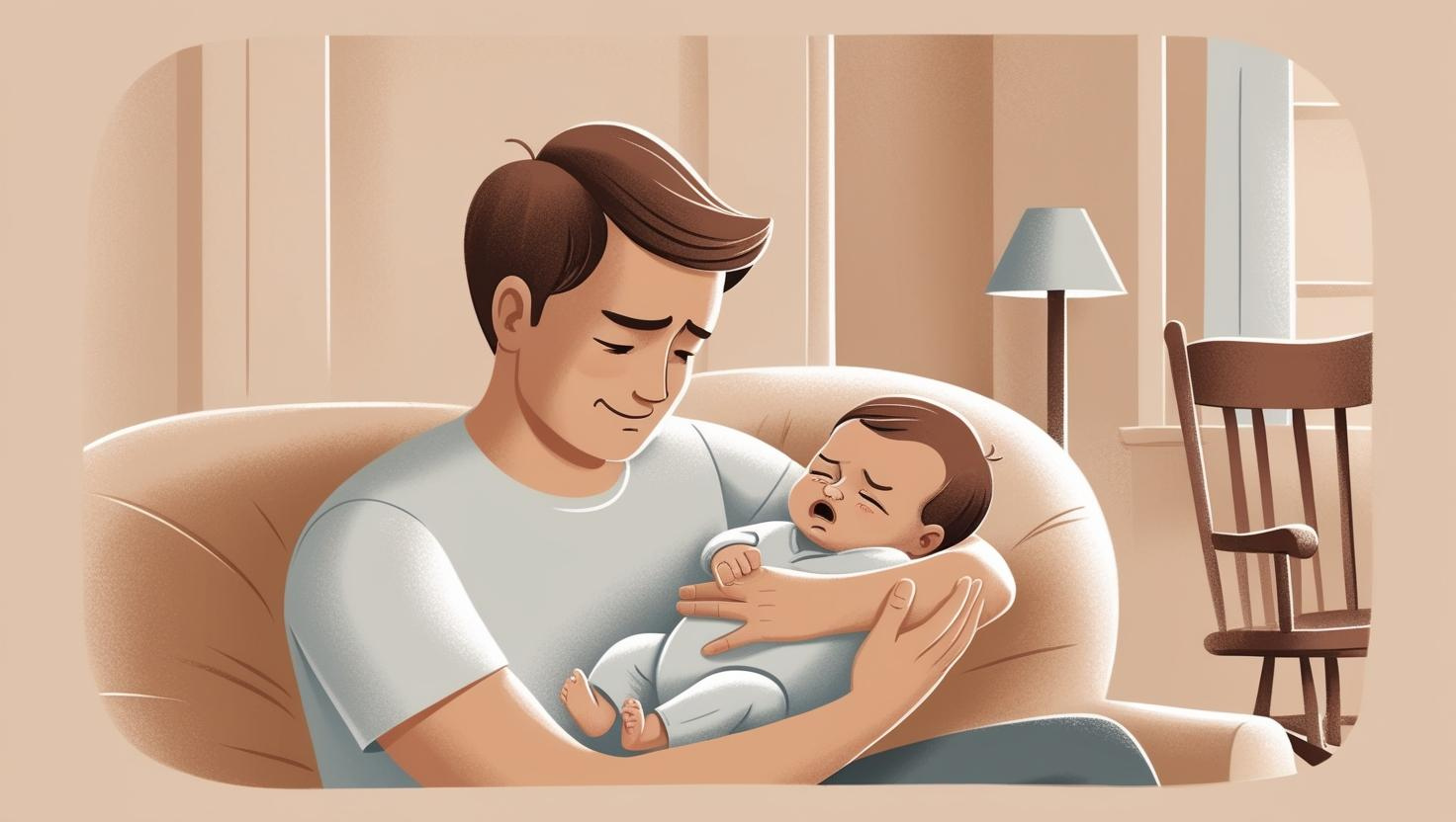 Illustration of a parent sitting in a cozy room, gently holding a fussy baby. The parent looks calm and attentive while comforting the baby, who appears uncomfortable. The background features soft beige tones, a lamp, a window, and a wooden rocking chair—conveying a warm, quiet, and supportive environment.