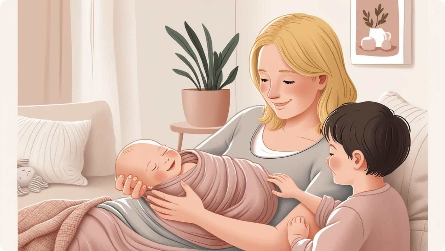 Illustration of a smiling parent holding a peacefully swaddled baby in a cozy living room. A young sibling gently touches the baby with curiosity and affection. The scene is softly lit with warm, neutral tones, indoor plants, and plush furnishings—conveying a sense of calm, connection, and reassurance after feeding.