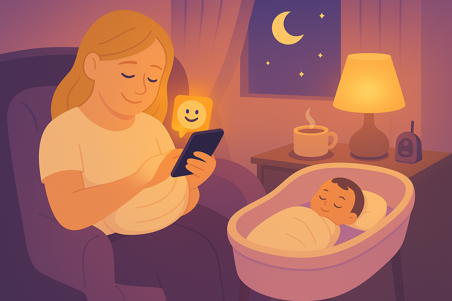 Illustration of a mom using Coddle AI parenting assistant baby app. Mother using Coddle smart baby app on phone while newborn sleeps in bassinet at night — AI parenting assistant providing expert-backed guidance for baby sleep, feeding, and postpartum support.