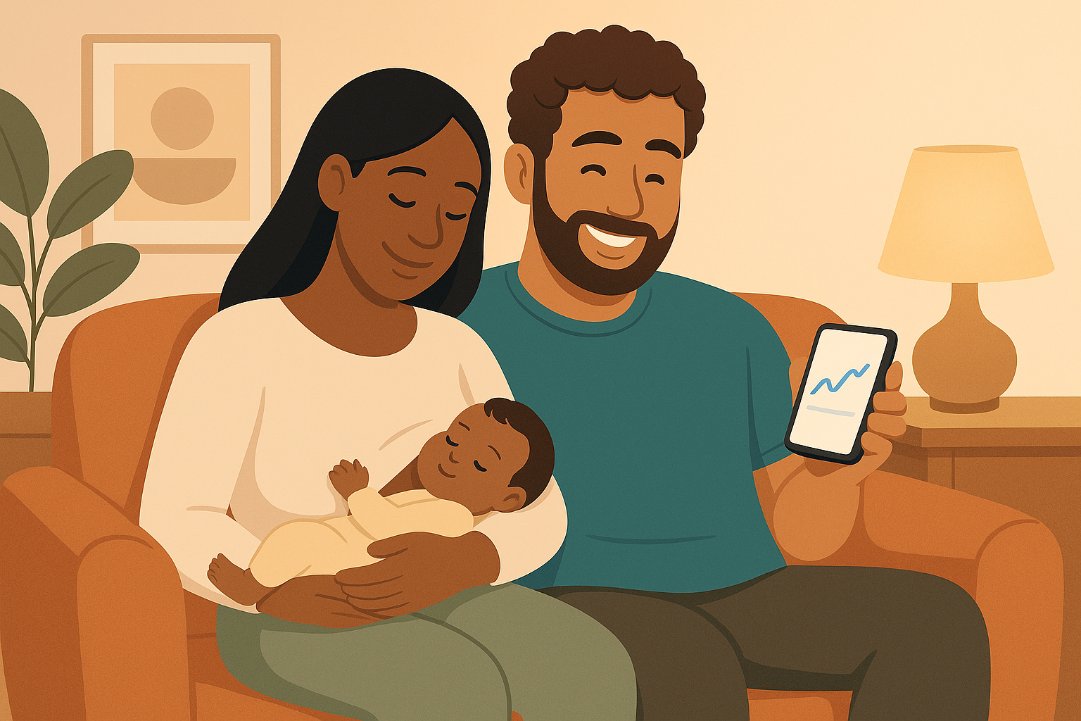 Parents relaxing on a cozy couch with their newborn baby nearby, looking at a phone screen that shows a simple baby tracking graph.