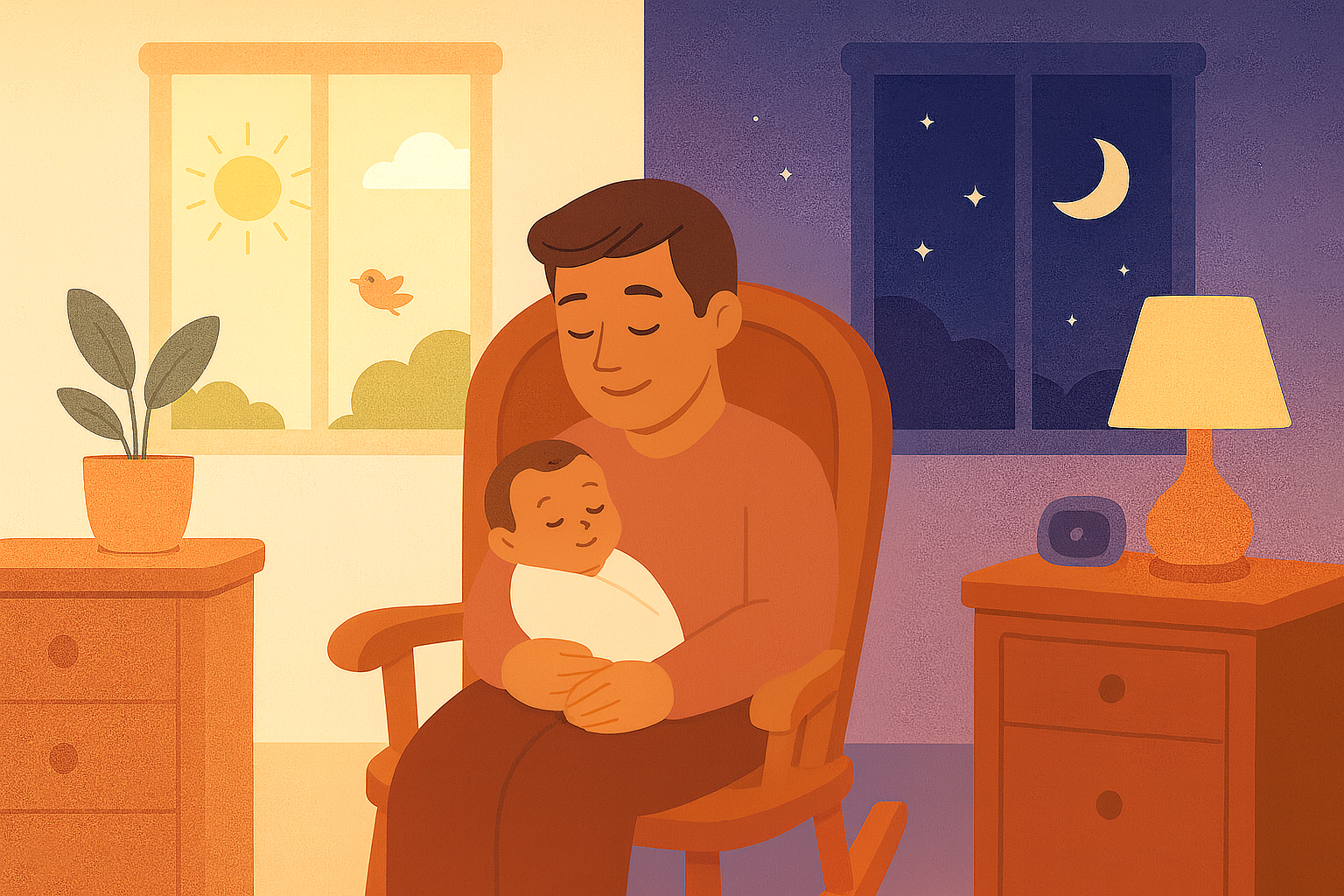 Father soothing newborn in rocking chair during day and night, illustrating infant circadian rhythm and newborn sleep challenges.