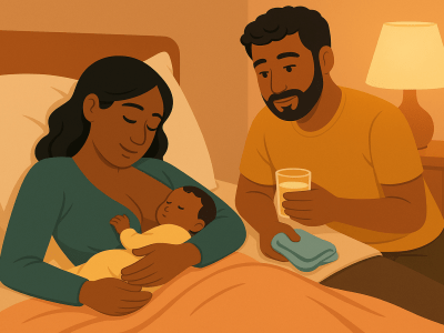 Parent breastfeeding baby in side-lying position to ease milk flow, supported by co-parent.