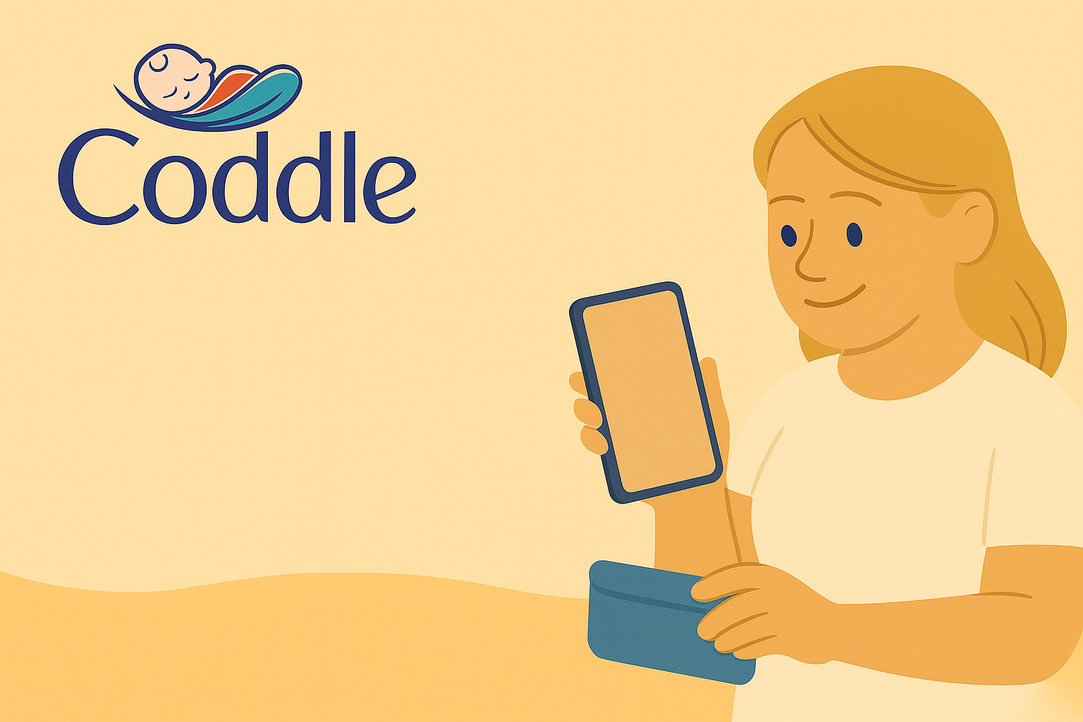 Parent using the Coddle app on smartphone while caring for baby, shown in a warm flat-style illustration with Coddle logo.