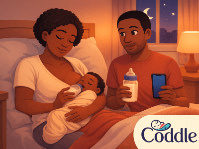 new parents feeding their newborn at night in a cozy bedroom, with the Coddle AI logo.