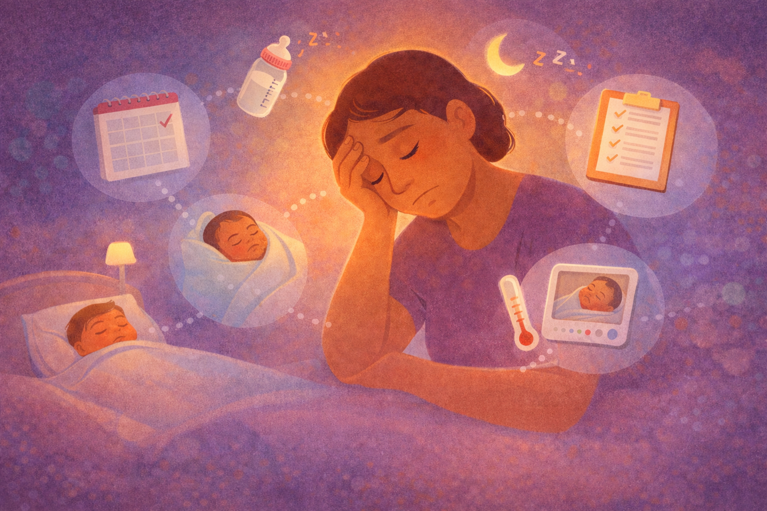 A caregiver resting beside a sleeping newborn, surrounded by soft visual cues of baby care and nighttime responsibilities, representing the mental load of early parenting.