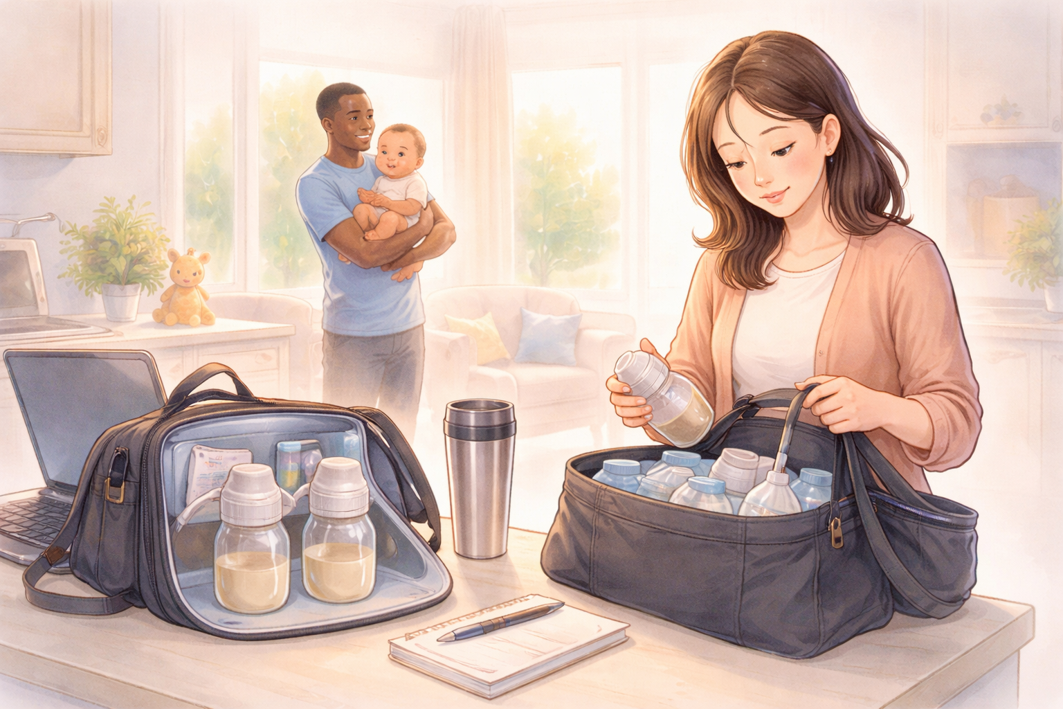Parent preparing a breast pump while getting ready to return to work after maternity leave