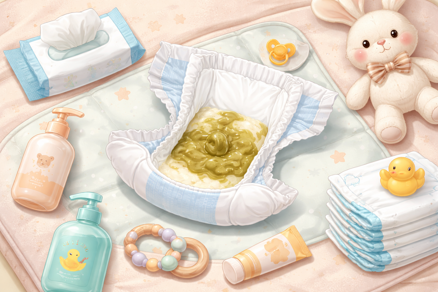Illustration of a diaper with green and mucus-like baby stool on a soft changing mat surrounded by baby care items