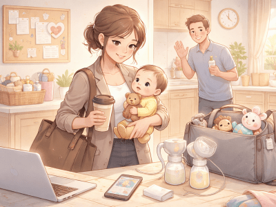Illustration of a parent preparing for return to work after baby with childcare and pumping supplies