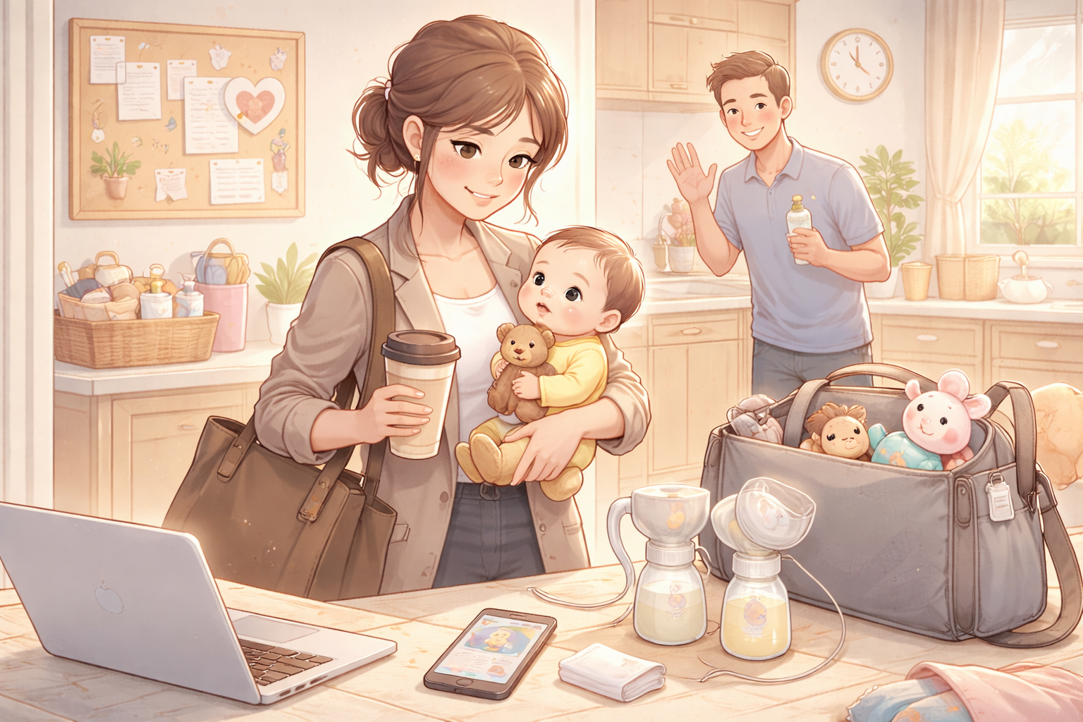 Illustration of a parent preparing for return to work after baby with childcare and pumping supplies