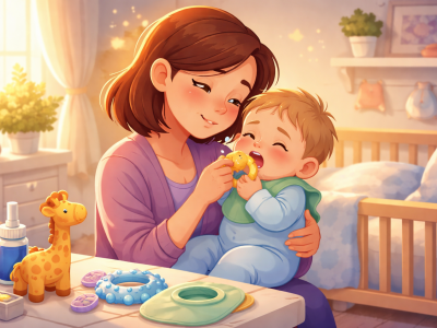 Mother comforting teething baby chewing on a teether in a warm nursery setting