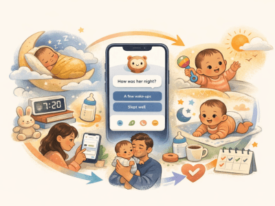 Illustration of a newborn’s flexible daily rhythm with sleep, feeding, playtime, and a parenting assistant app helping guide routines