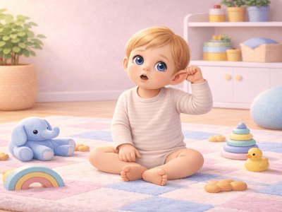Animated baby pulling one ear while sitting on a pastel play mat with toys, illustrating common baby behavior explained by Coddle