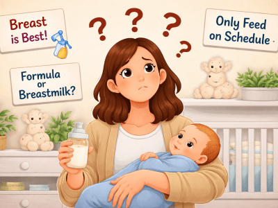 Illustration of a Confused parent holding baby with conflicting feeding advice like breastfeeding vs formula and scheduled feeding in a soft cartoon nursery.