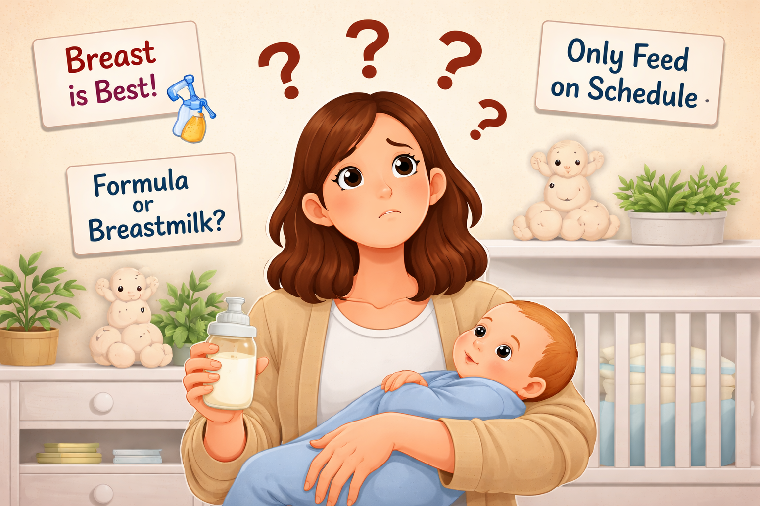 Illustration of a Confused parent holding baby with conflicting feeding advice like breastfeeding vs formula and scheduled feeding in a soft cartoon nursery.