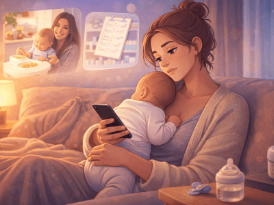 A parent cradling their baby in a cozy home, illustrating performative parenting anxiety with background hints of comparison pressure, featured in Coddle’s parenting blog.