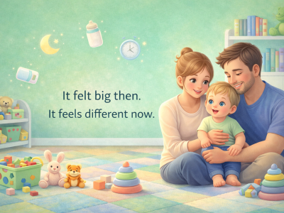 Parent reflecting on baby first year lessons while holding their infant in a calm home setting