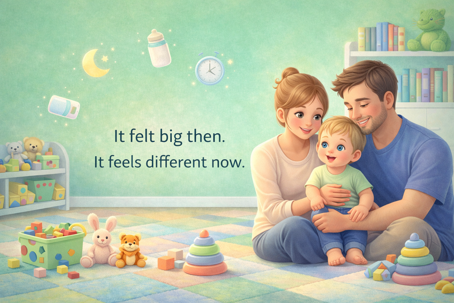 Parent reflecting on baby first year lessons while holding their infant in a calm home setting