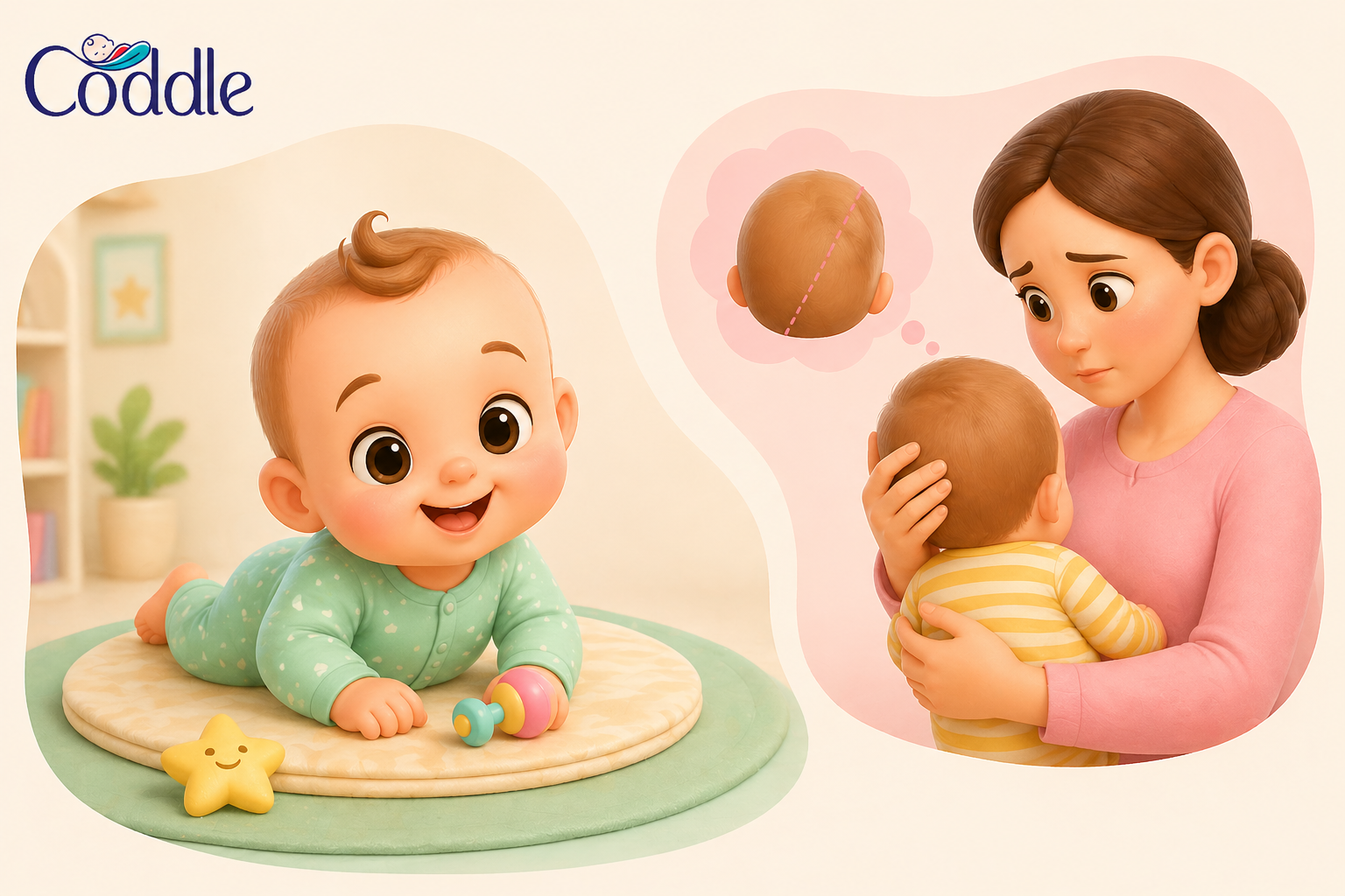 Baby head shape flat head prevention with tummy time and worried mother holding baby