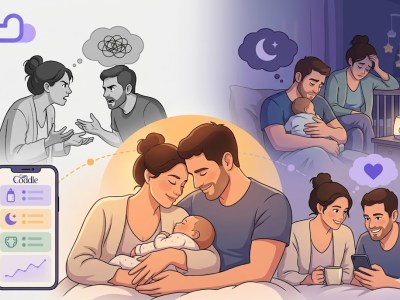 A cartoon collage showing a couple’s journey with a newborn. Scenes depict them arguing, feeling exhausted at night, and finally finding harmony while using the Coddle app. The central image shows the parents peacefully cradling their sleeping baby in a warm, golden glow.