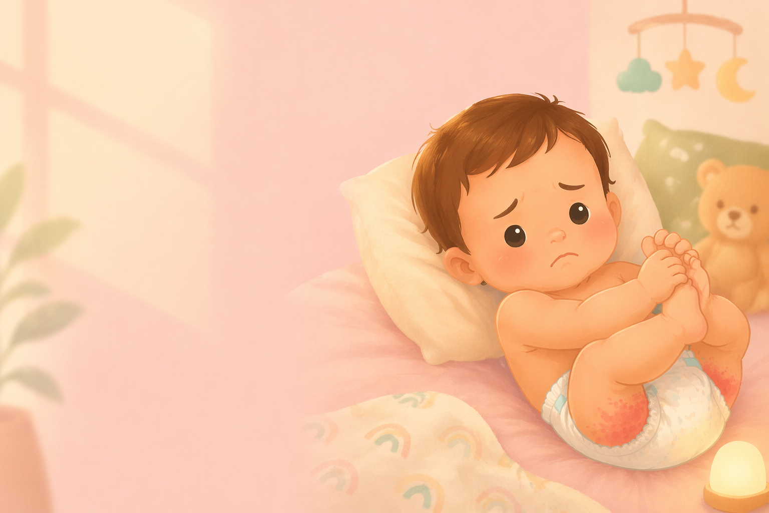 baby in diaper with mild rash on thighs in nursery cartoon illustration diaper rash in babies