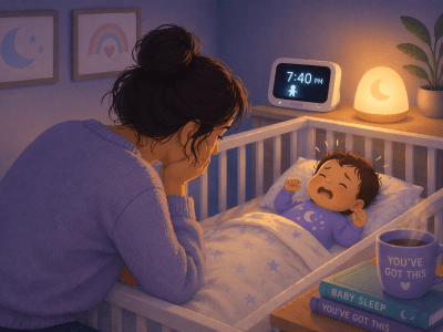 Baby wakes after 30 minutes sleep as a parent leans over the crib in a calm nighttime nursery setting