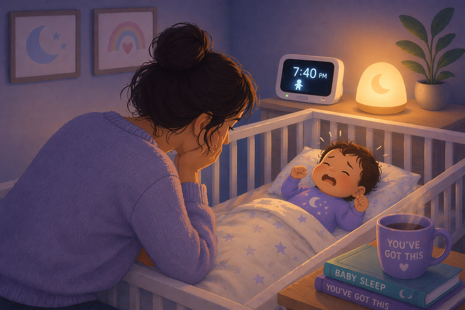 Baby wakes after 30 minutes sleep as a parent leans over the crib in a calm nighttime nursery setting