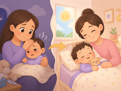 Cartoon illustration of a baby sick at night and sleeping peacefully after recovery with caregiver support