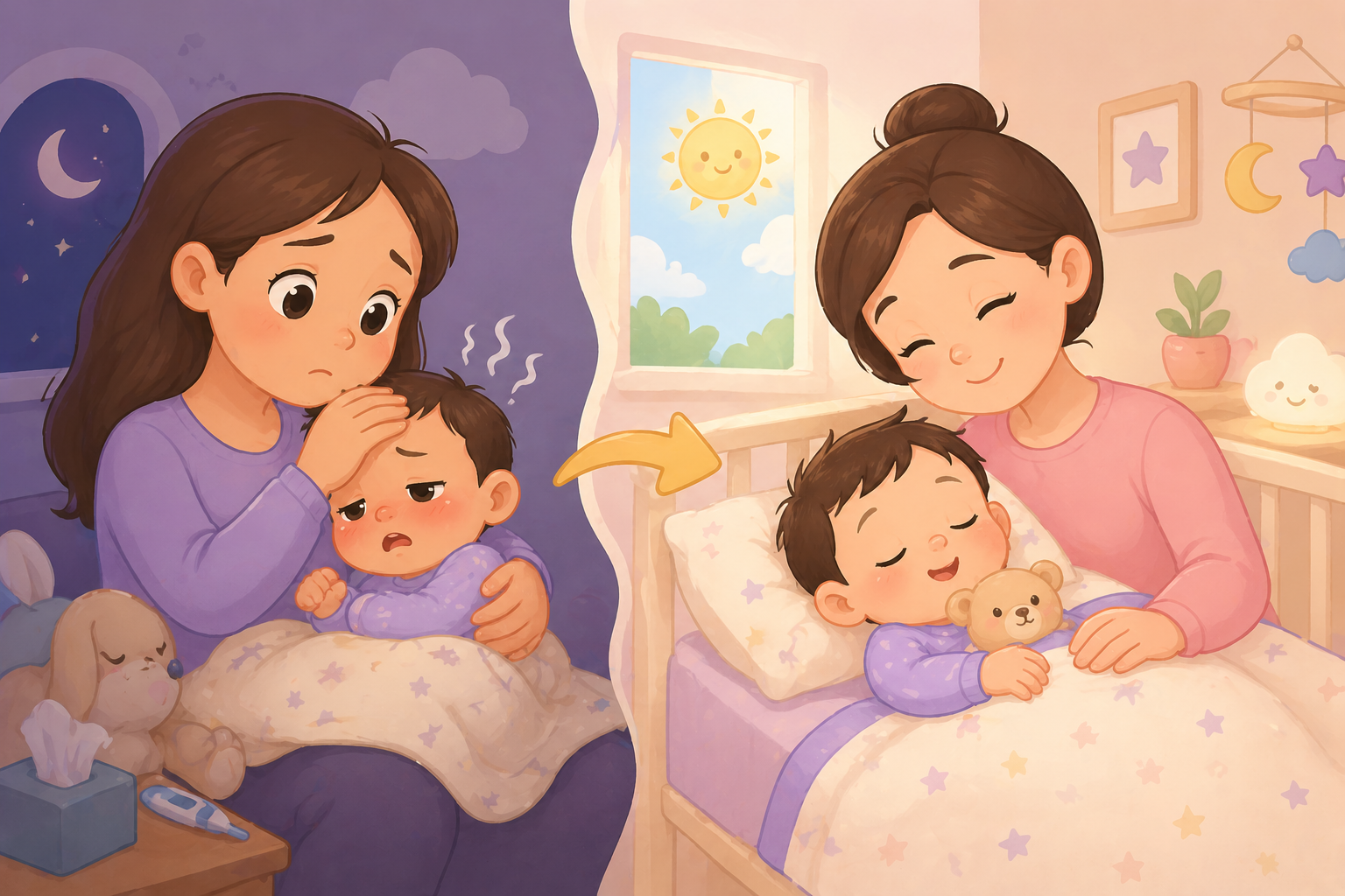Cartoon illustration of a baby sick at night and sleeping peacefully after recovery with caregiver support