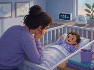 A digital illustration of a tired mother in a purple sweater leaning over a white crib at 5:32 AM. Inside the crib, a cheerful, wide-awake baby in star-patterned pajamas reaches up toward her. Soft, early morning sunlight streams through a window, contrasting with the mother’s exhausted expression.