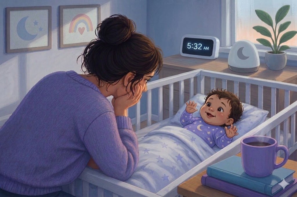 A digital illustration of a tired mother in a purple sweater leaning over a white crib at 5:32 AM. Inside the crib, a cheerful, wide-awake baby in star-patterned pajamas reaches up toward her. Soft, early morning sunlight streams through a window, contrasting with the mother’s exhausted expression.
