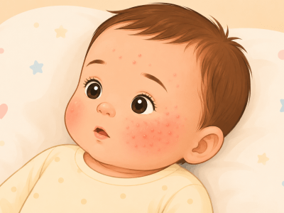 Cartoon-style illustration of a newborn baby lying on a pillow with mild red bumps on the cheeks and forehead, representing common newborn skin rashes like heat rash or baby acne.