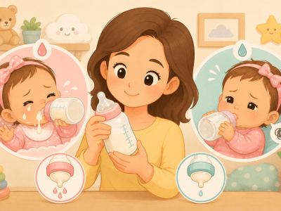 Cartoon-style illustration showing bottle nipple flow signs in babies, including cues for nipple flow that is too fast or too slow during bottle feeding.