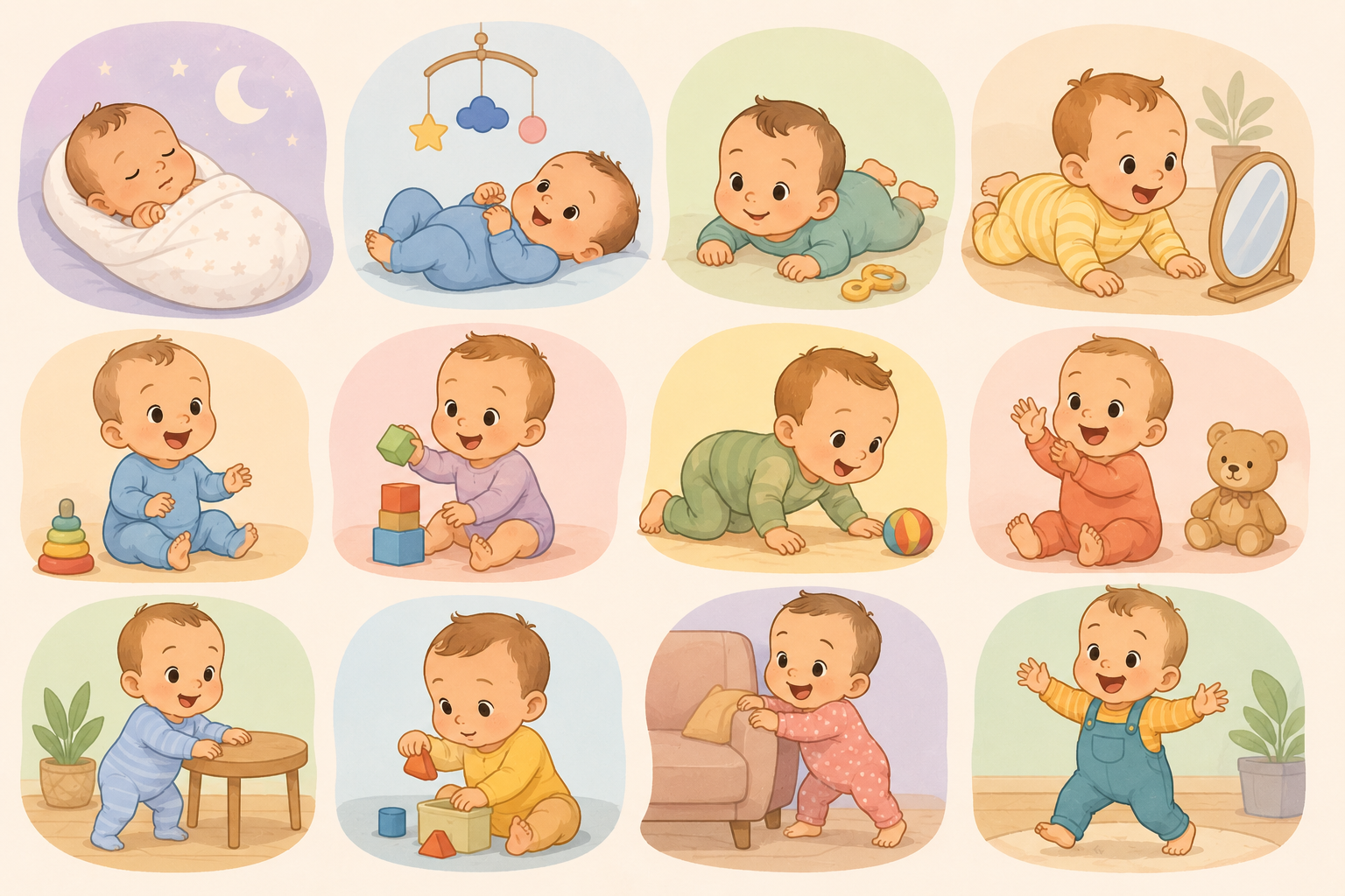 Soft pastel cartoon illustration showing a baby’s developmental milestones from 0–12 months across twelve panels. The baby is shown sleeping, smiling, doing tummy time, sitting, crawling, standing, playing, and taking first steps in a warm, cozy Coddle-style design.