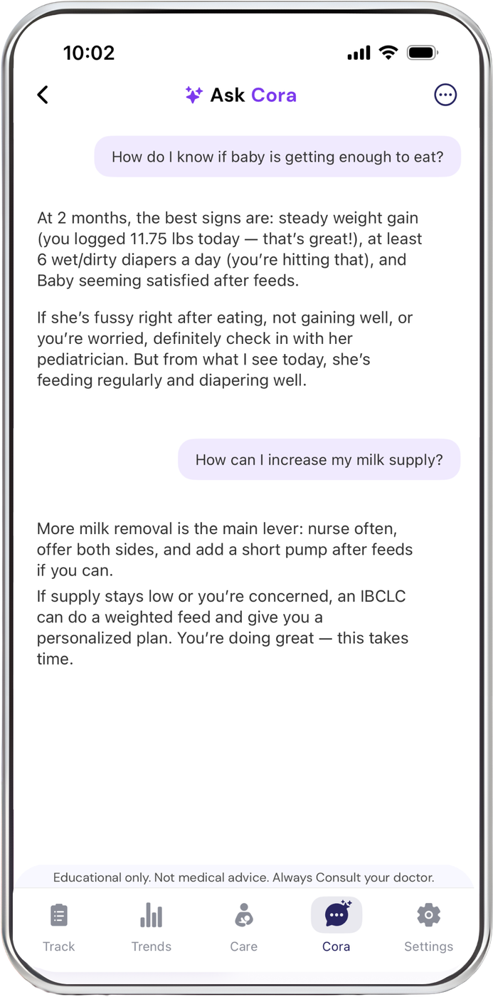Cora answering questions about whether a baby is getting enough to eat and ways to support milk supply.