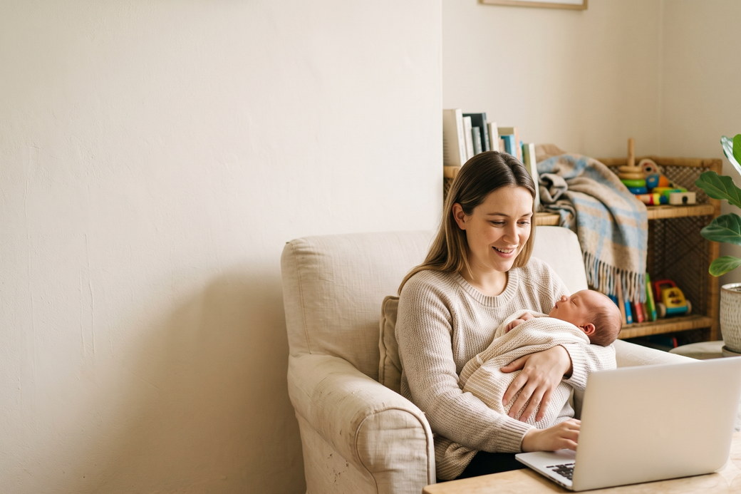 A parent holding her newborn while joining a video consultation from home.